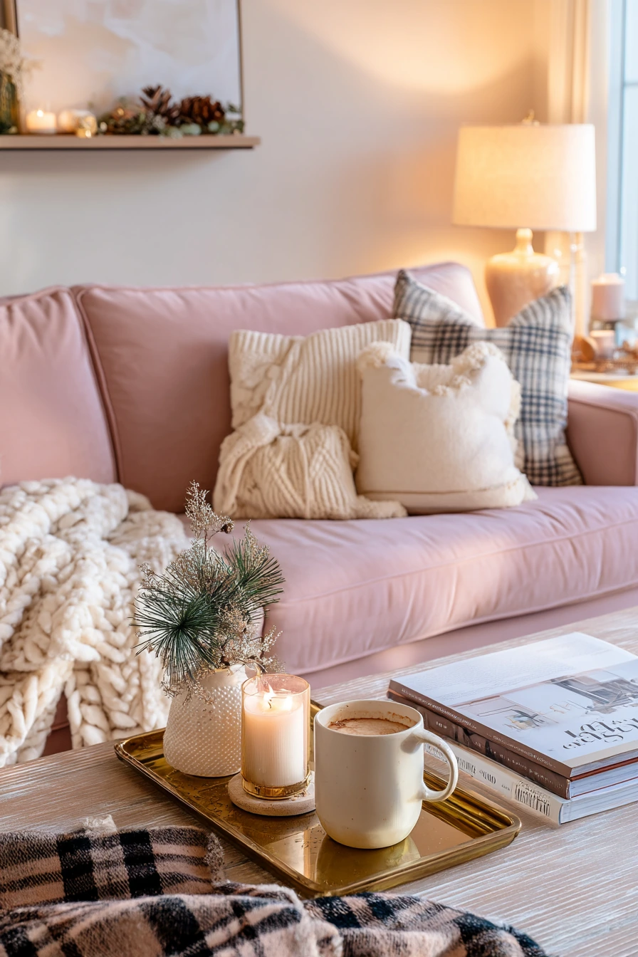 Seasonal Blush Living Room with Soft Holiday Touches