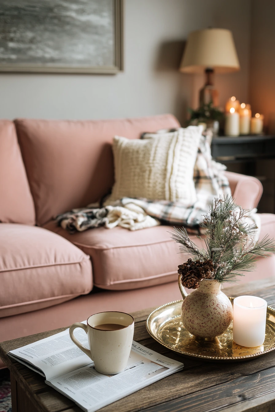 Seasonal Blush Living Room with Soft Holiday Touches