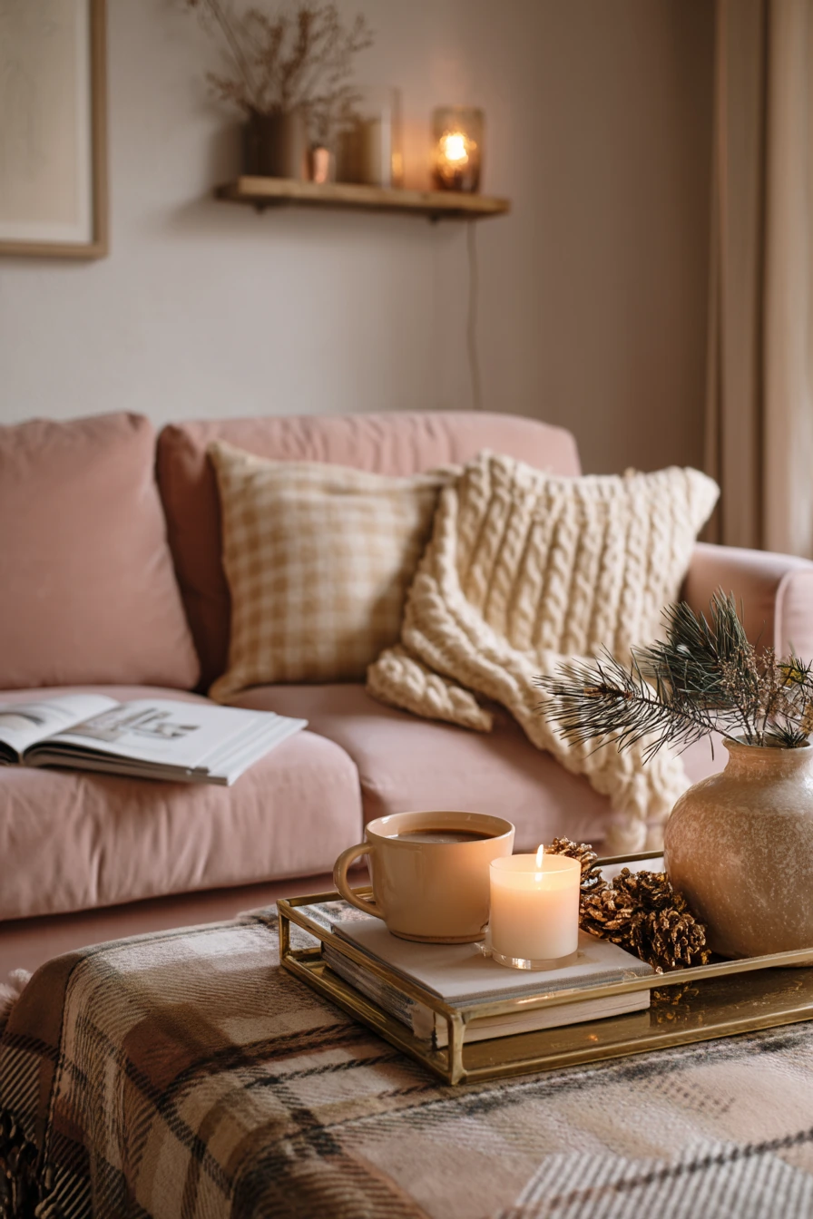 Seasonal Blush Living Room with Soft Holiday Touches