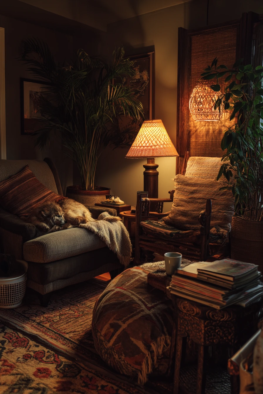 Cozy Evening Lamp-Lit Boho Corner