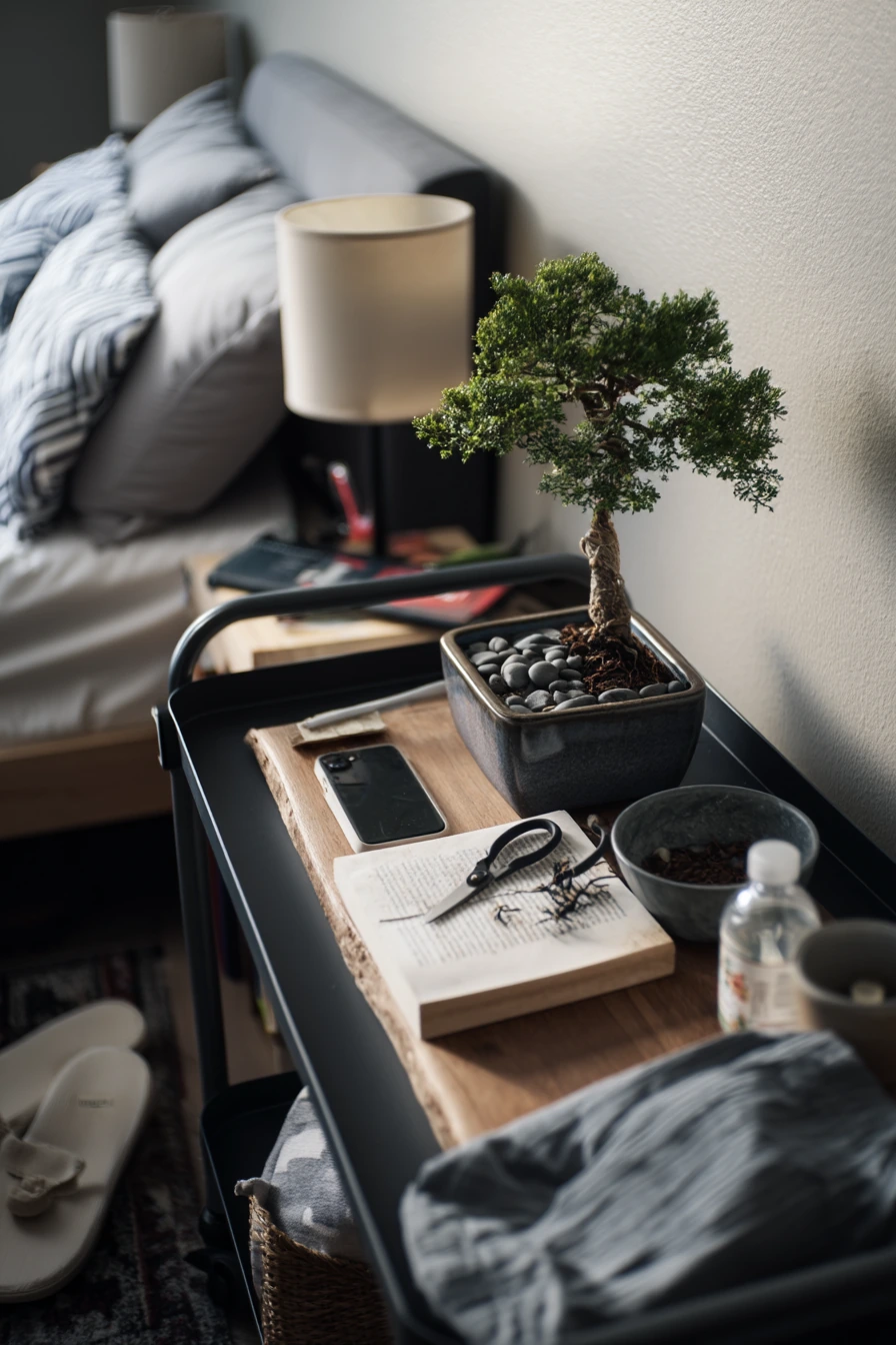Renter-Friendly Bonsai Cart in a Studio Bedroom