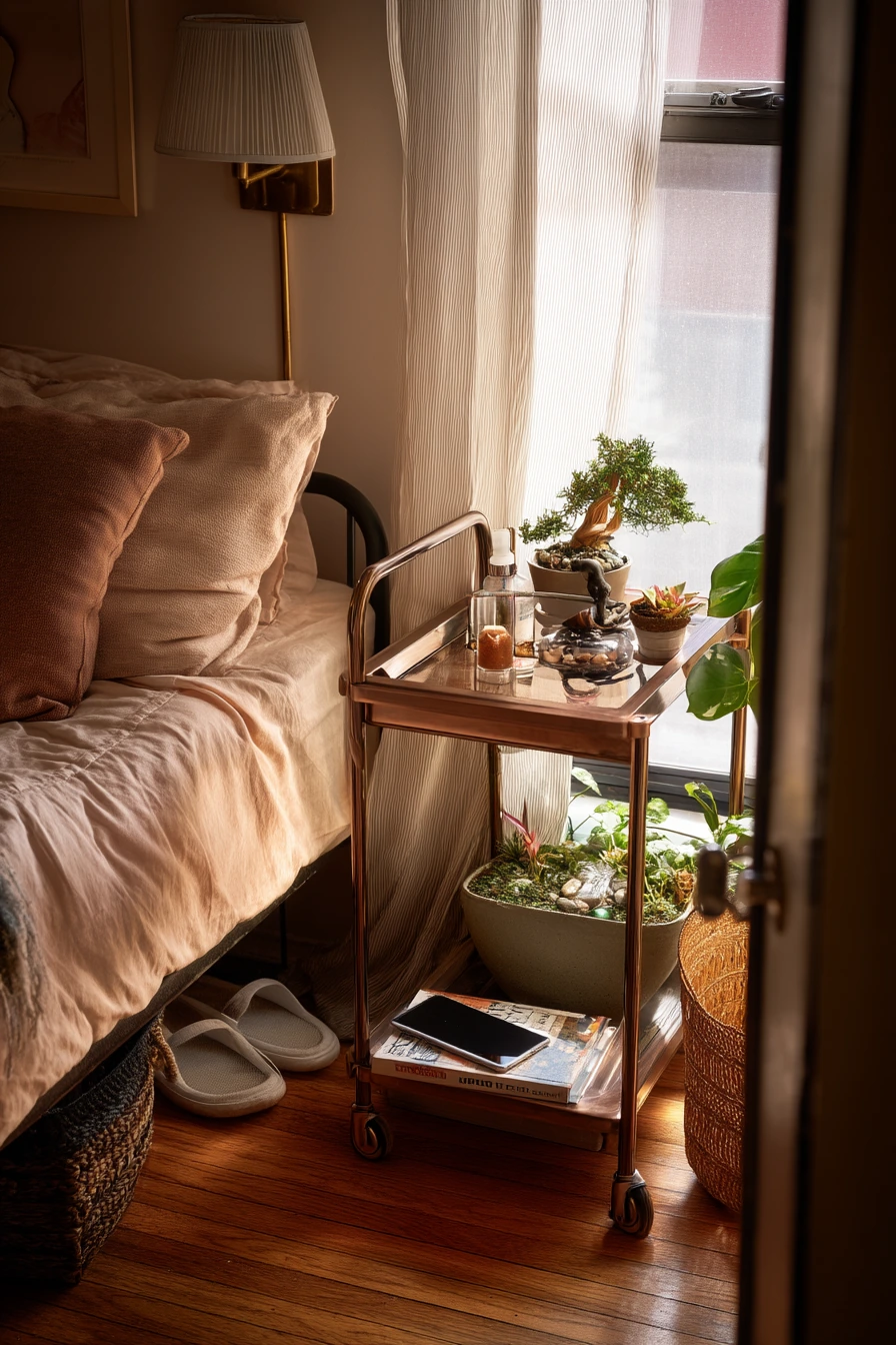 Renter-Friendly Bonsai Cart in a Studio Bedroom