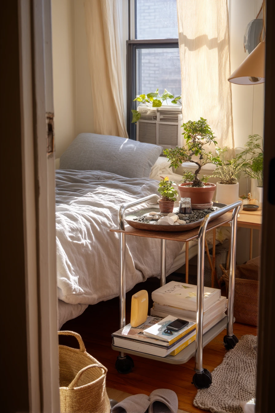 Renter-Friendly Bonsai Cart in a Studio Bedroom