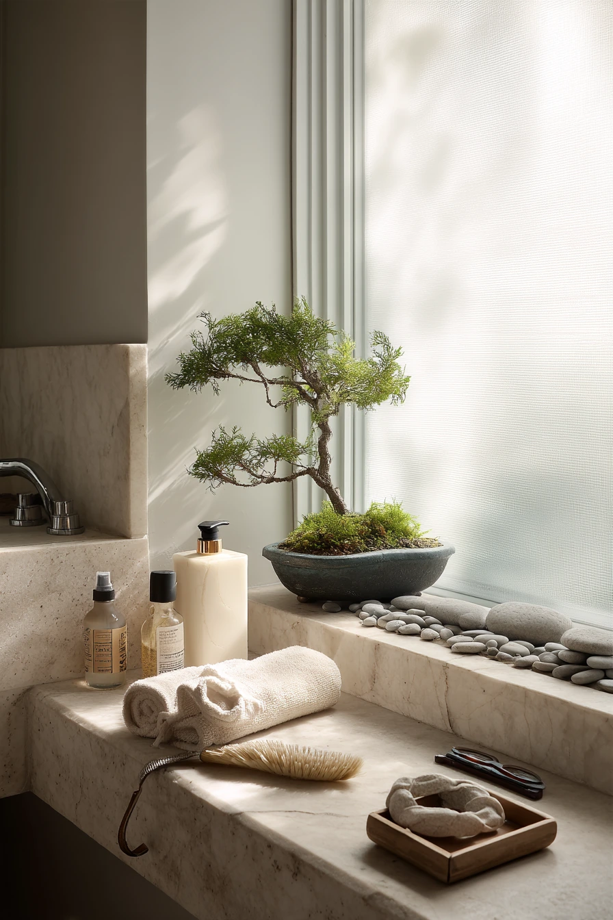 Bonsai Garden on a Sunlit Bathroom Ledge