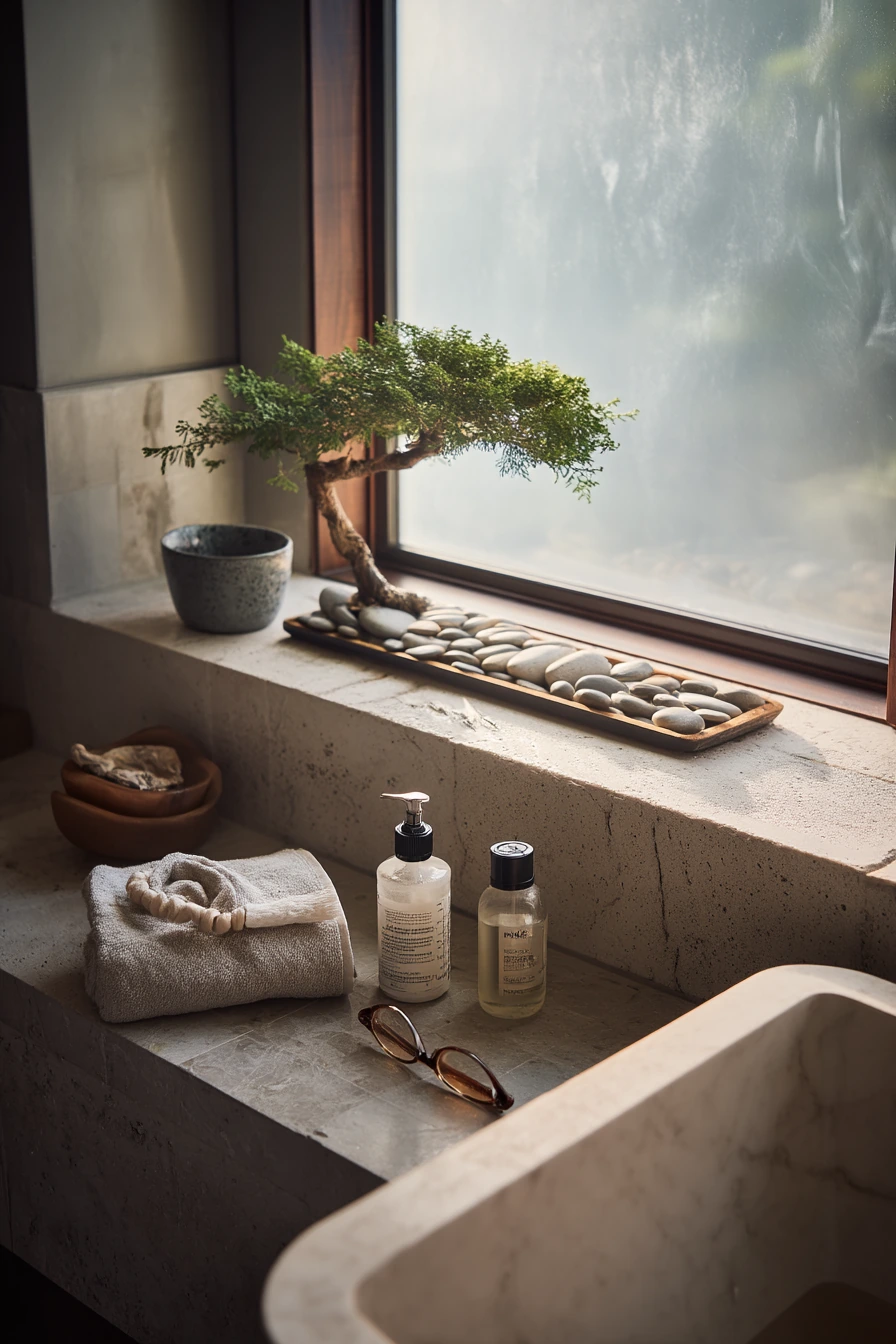 Bonsai Garden on a Sunlit Bathroom Ledge