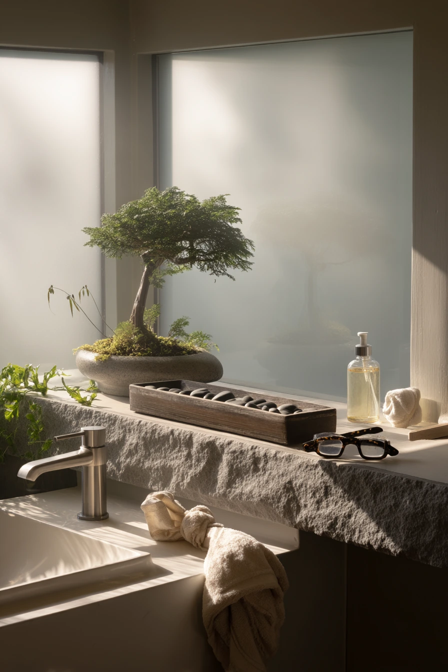 Bonsai Garden on a Sunlit Bathroom Ledge