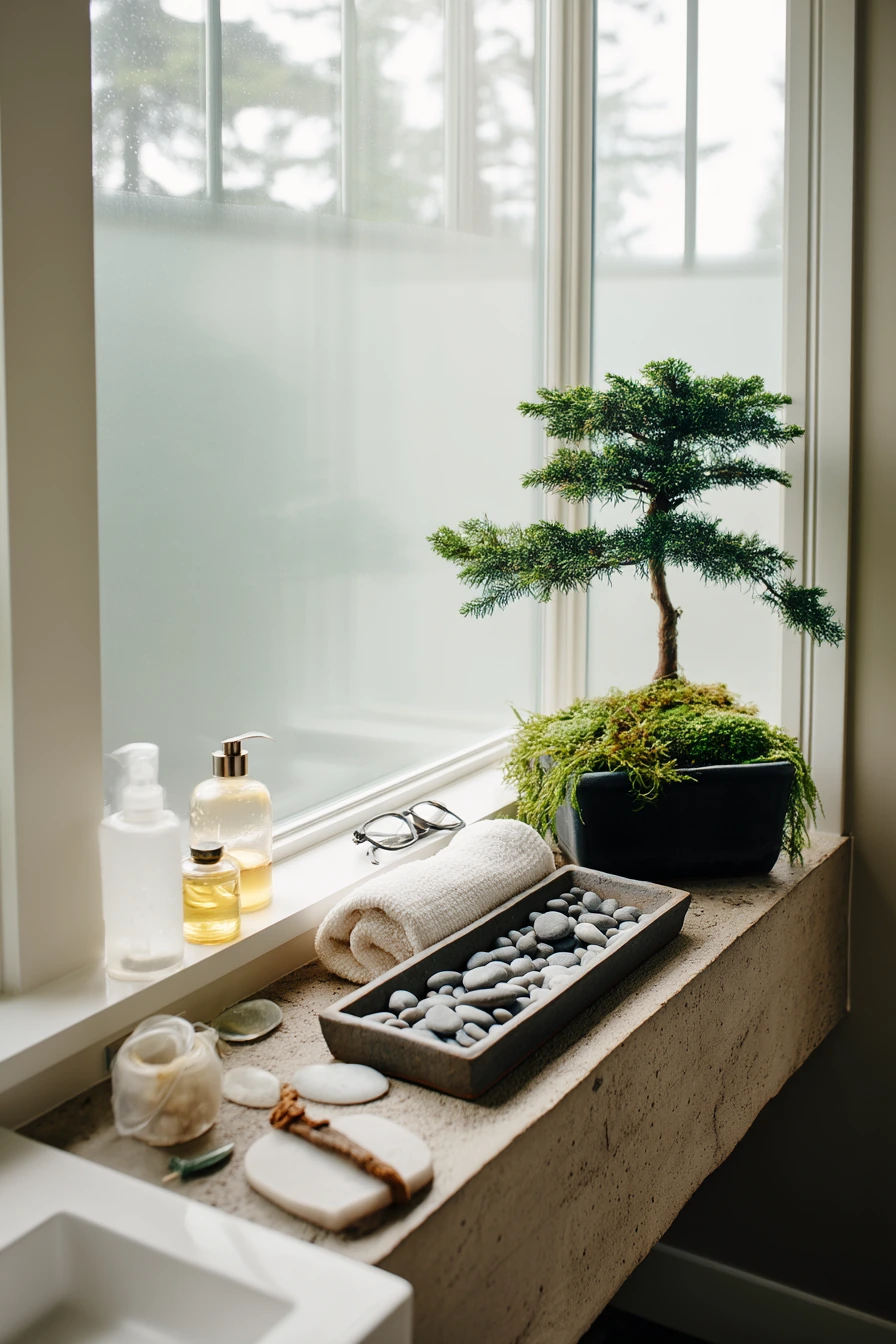 Bonsai Garden on a Sunlit Bathroom Ledge