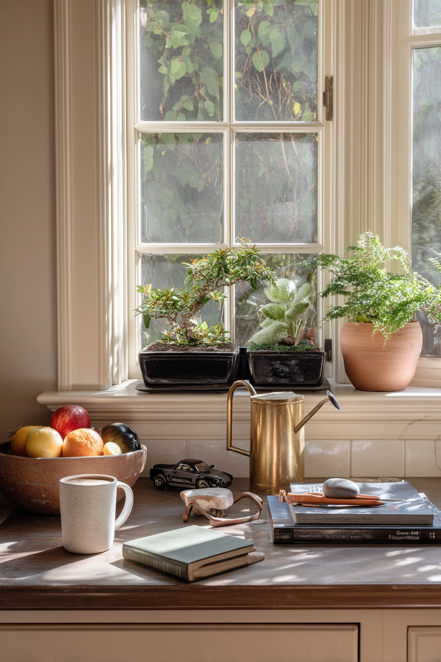 Window-Sill Bonsai Nook in a Family Kitchen