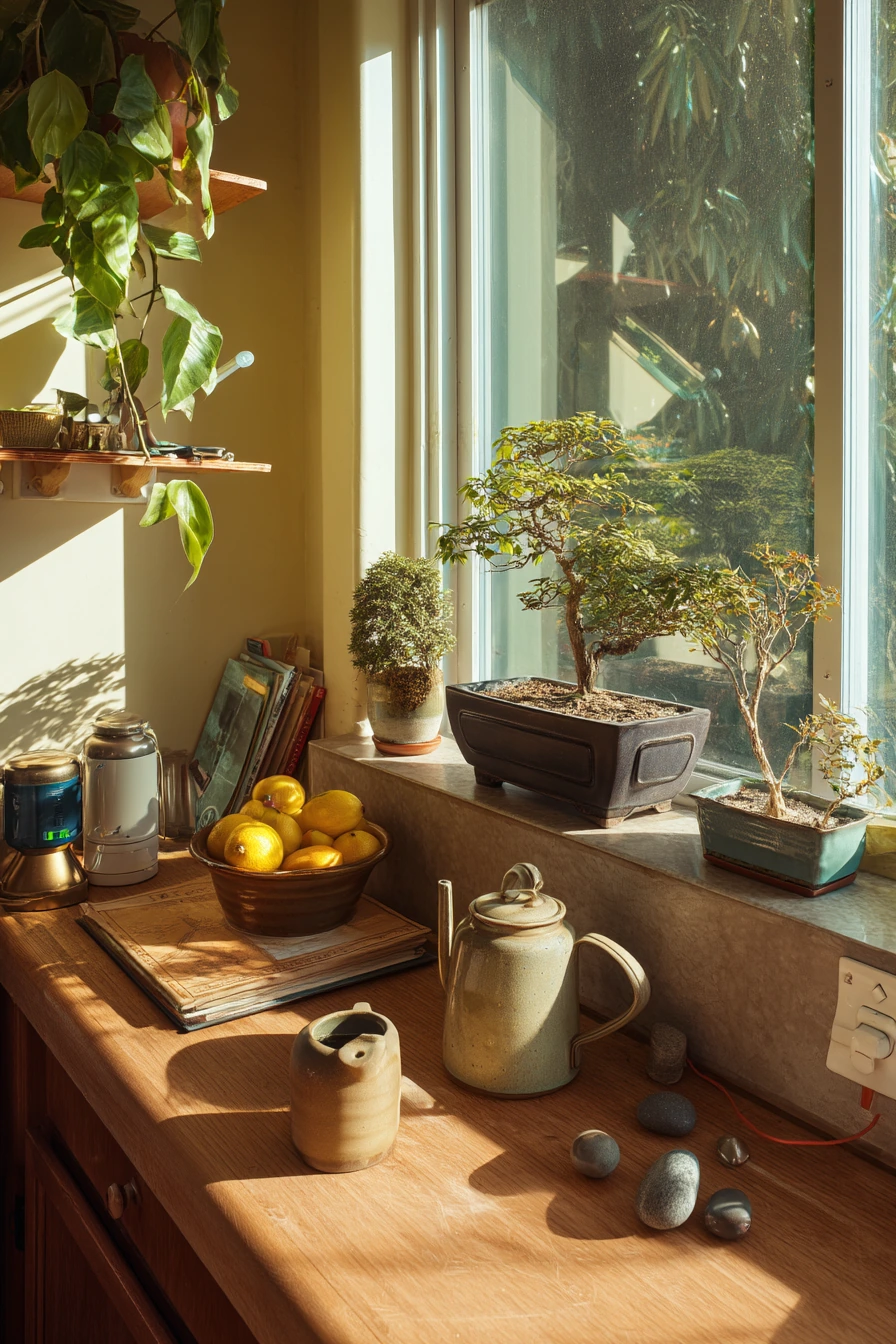 Window-Sill Bonsai Nook in a Family Kitchen