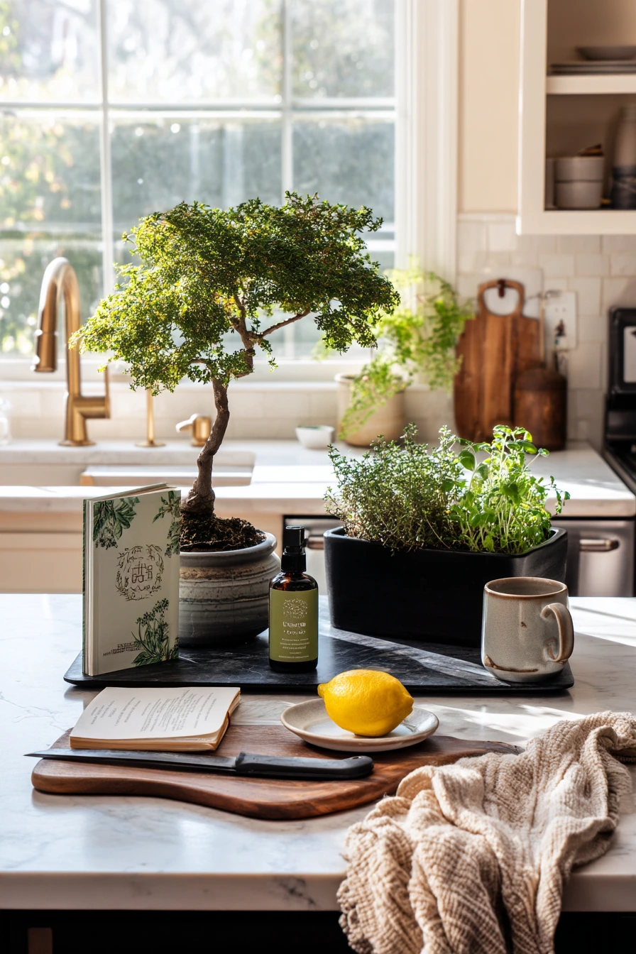 Kitchen Island Bonsai Display with Everyday Herbs