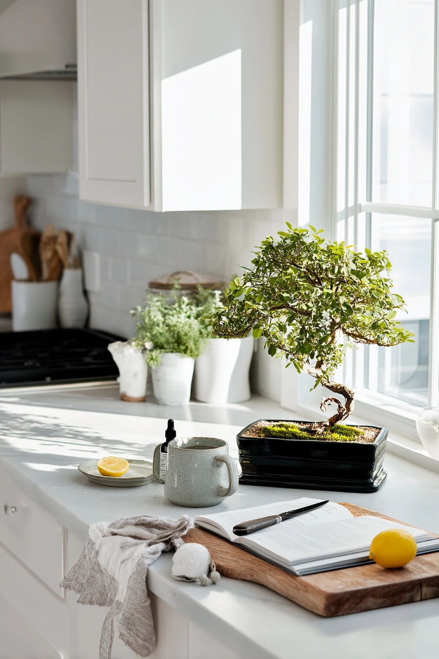 Kitchen Island Bonsai Display with Everyday Herbs