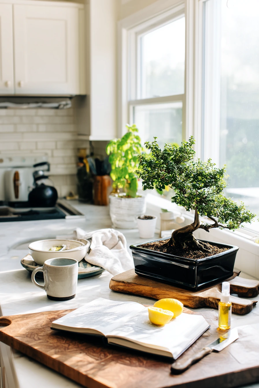 Kitchen Island Bonsai Display with Everyday Herbs