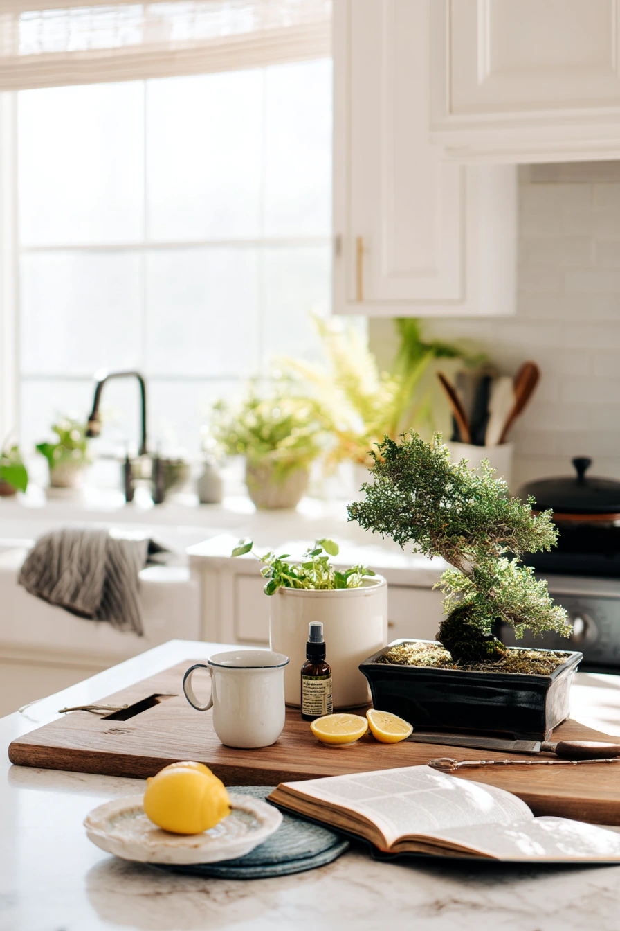 Kitchen Island Bonsai Display with Everyday Herbs