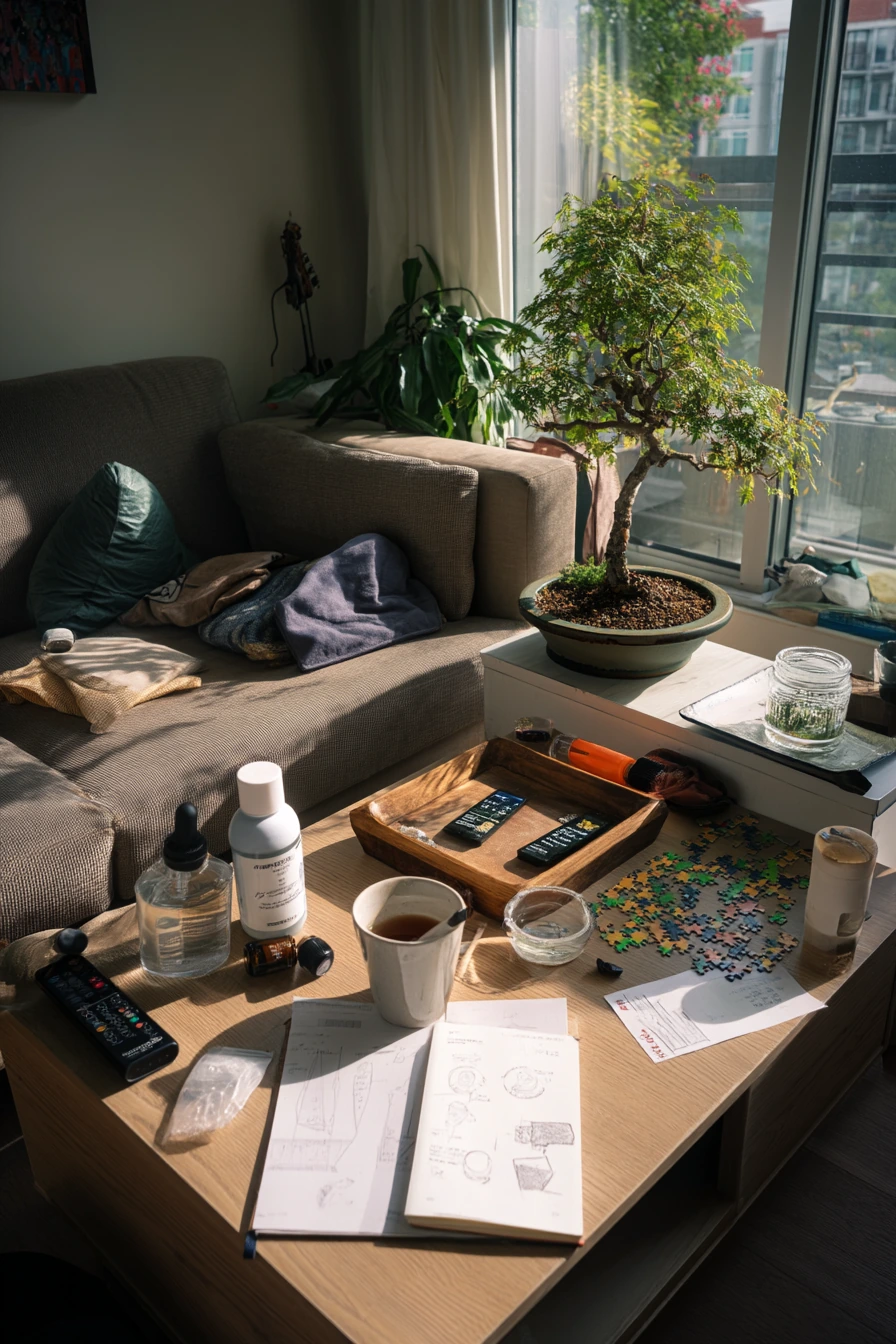 Weekend Bonsai Care Moment in a Living Room Corner