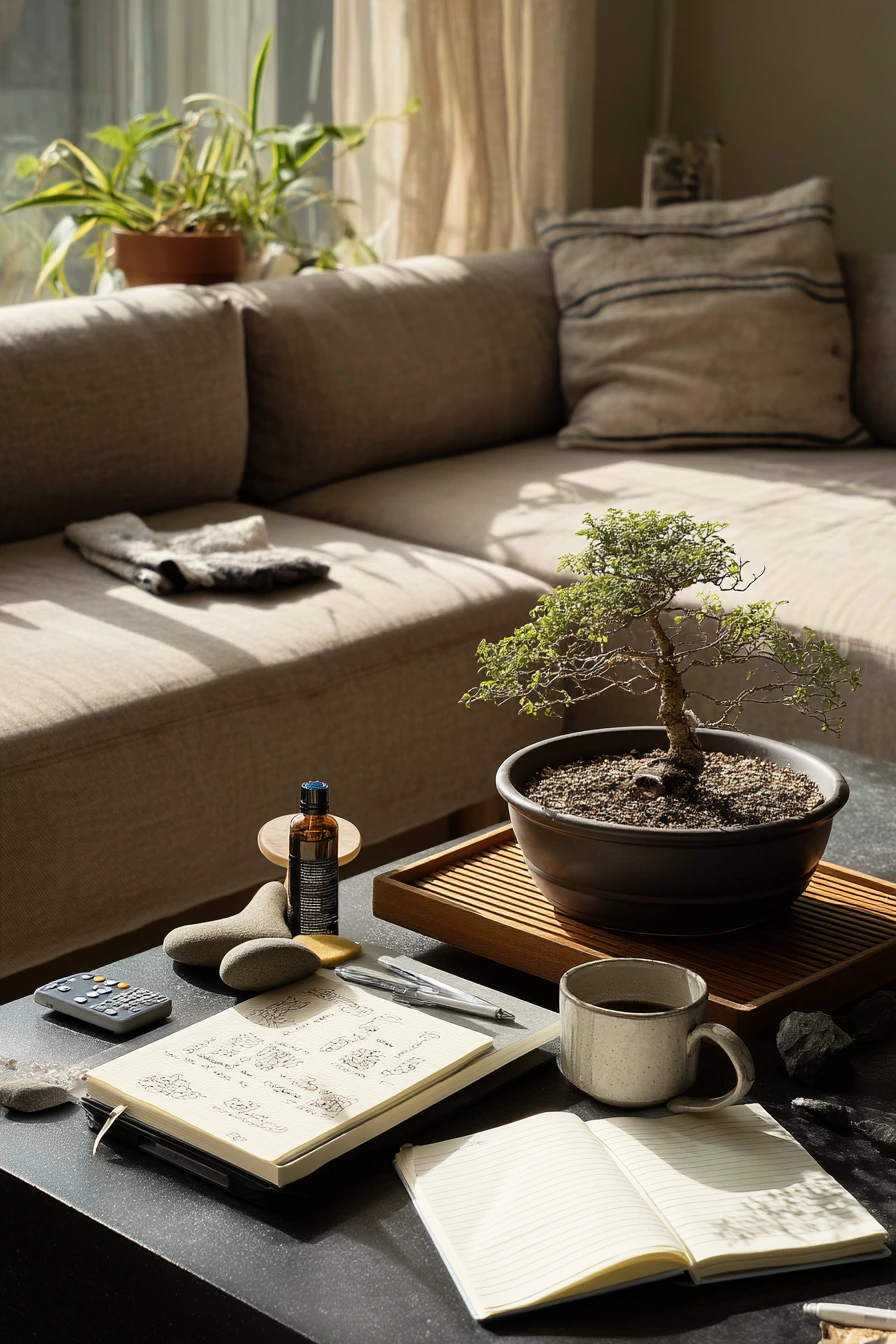 Weekend Bonsai Care Moment in a Living Room Corner
