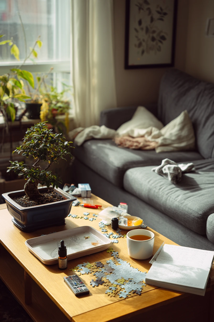 Weekend Bonsai Care Moment in a Living Room Corner