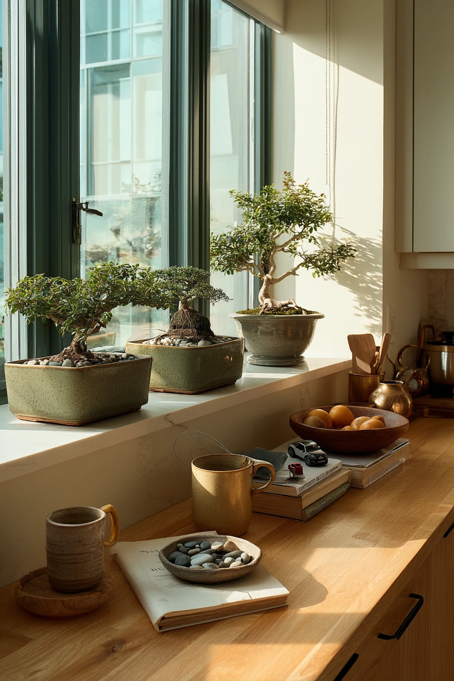 Window-Sill Bonsai Nook in a Family Kitchen
