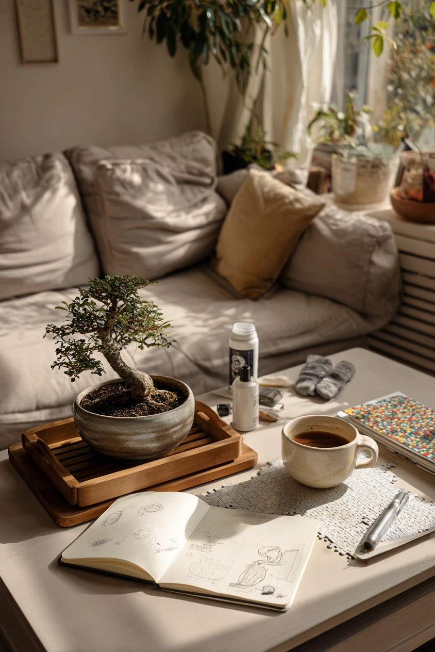 Weekend Bonsai Care Moment in a Living Room Corner