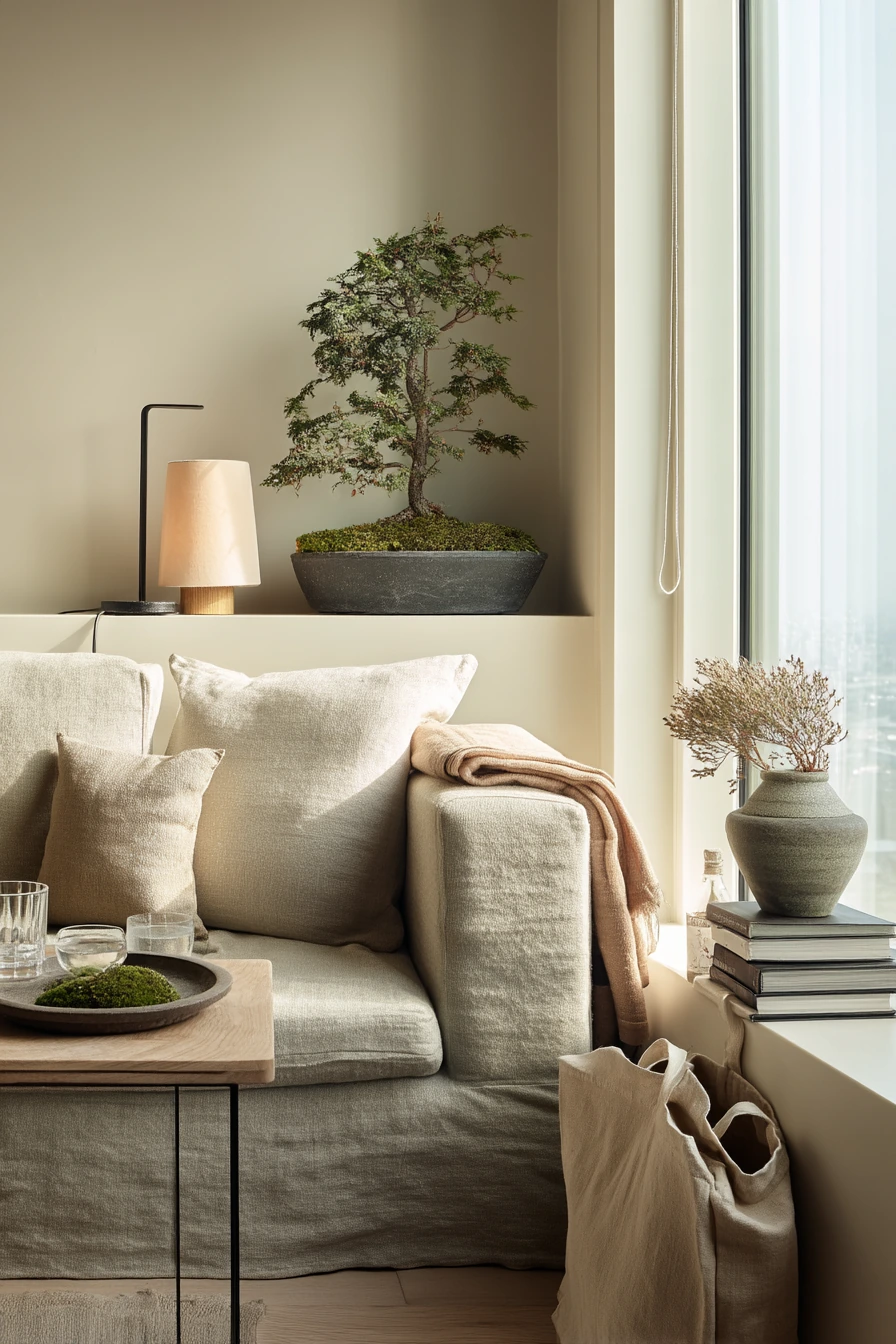 Small Apartment Bonsai Shelf by the Sofa