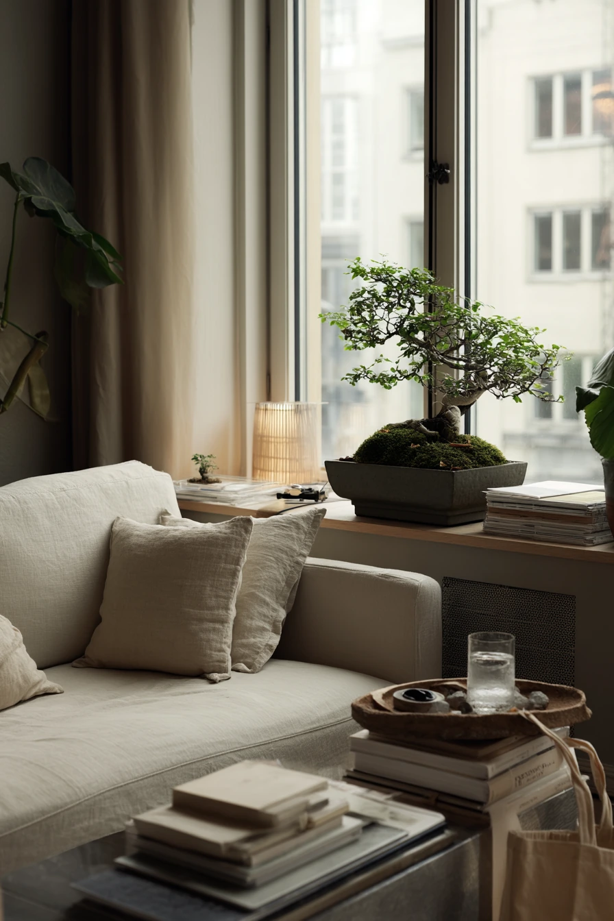 Small Apartment Bonsai Shelf by the Sofa