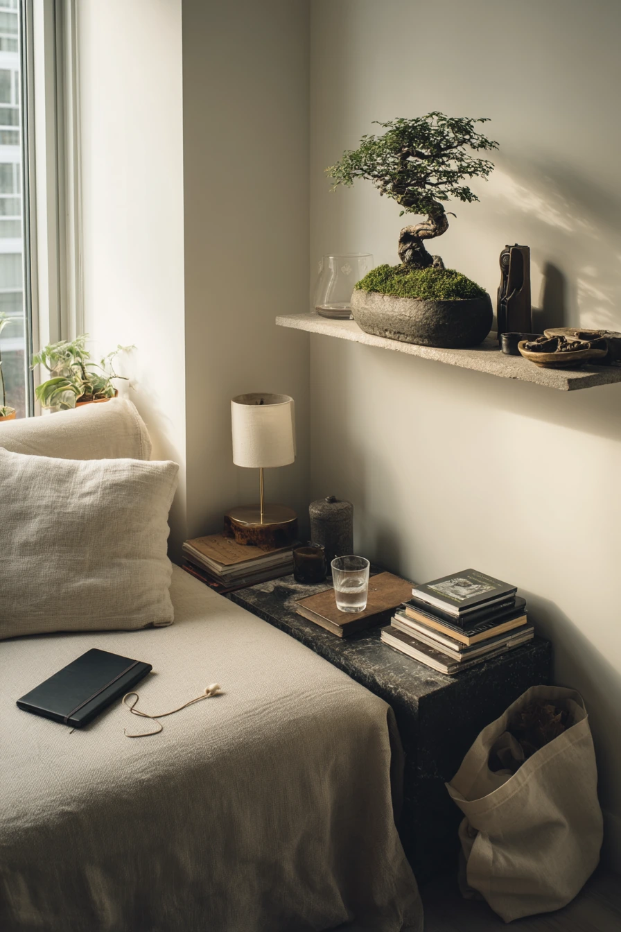 Small Apartment Bonsai Shelf by the Sofa