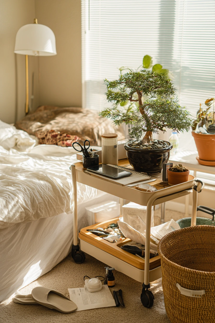 Renter-Friendly Bonsai Cart in a Studio Bedroom