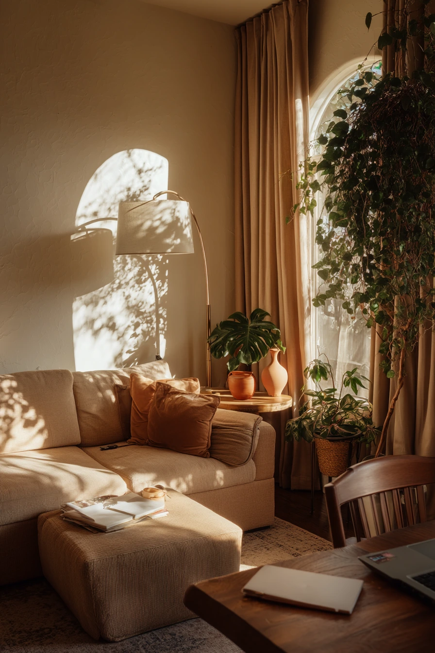 Earthy Modern Lounge with Indoor Garden Feel