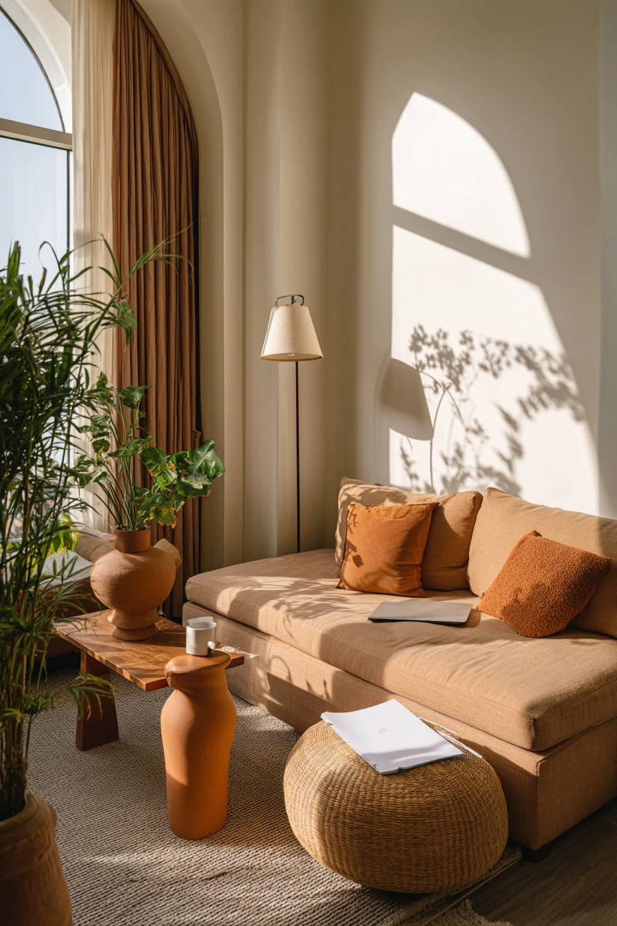 Earthy Modern Lounge with Indoor Garden Feel