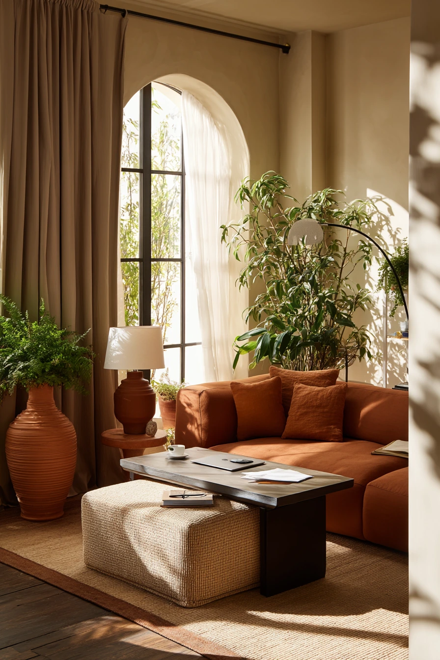 Earthy Modern Lounge with Indoor Garden Feel