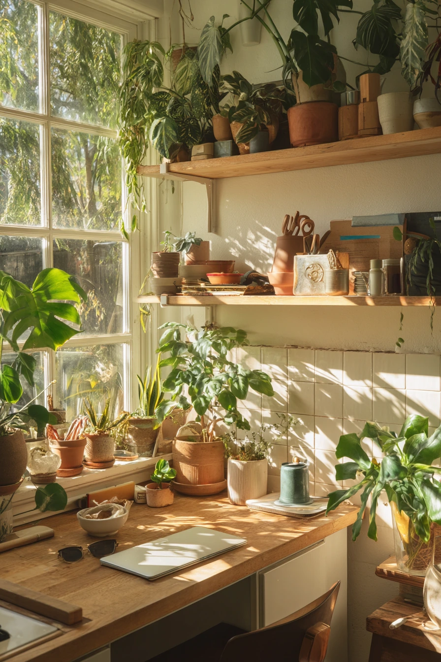 Breakfast Bar With Houseplants and Light