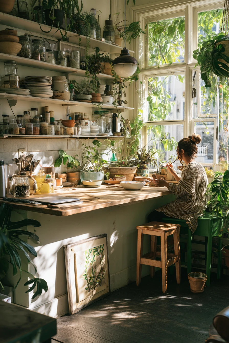 Breakfast Bar With Houseplants and Light
