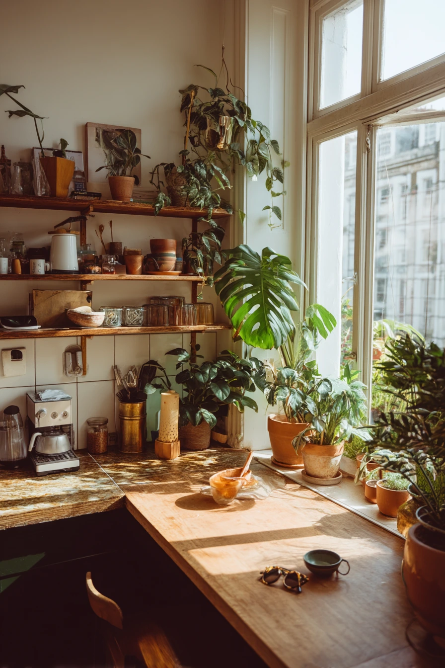 Breakfast Bar With Houseplants and Light