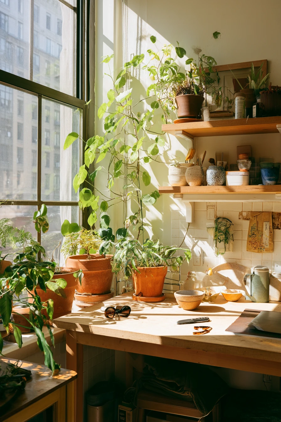 Breakfast Bar With Houseplants and Light