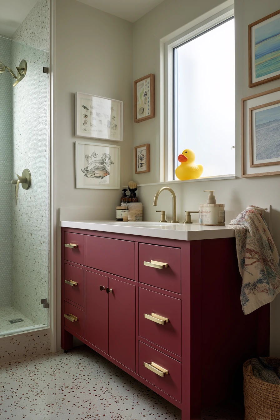 Burgundy Bathroom with Family Morning Energy