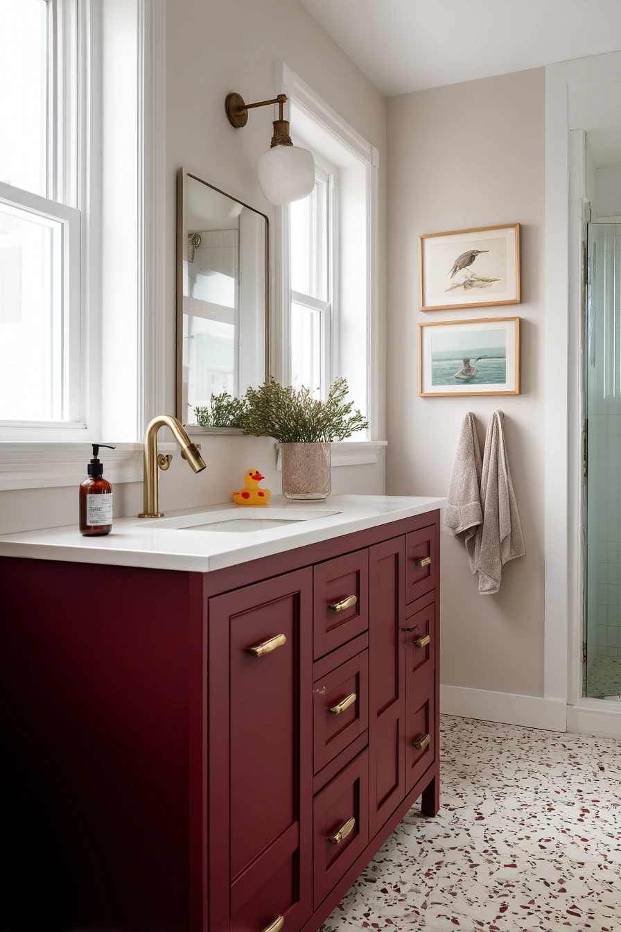 Burgundy Bathroom with Family Morning Energy