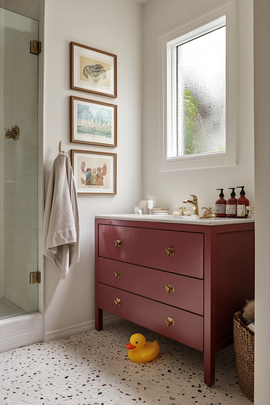 Burgundy Bathroom with Family Morning Energy