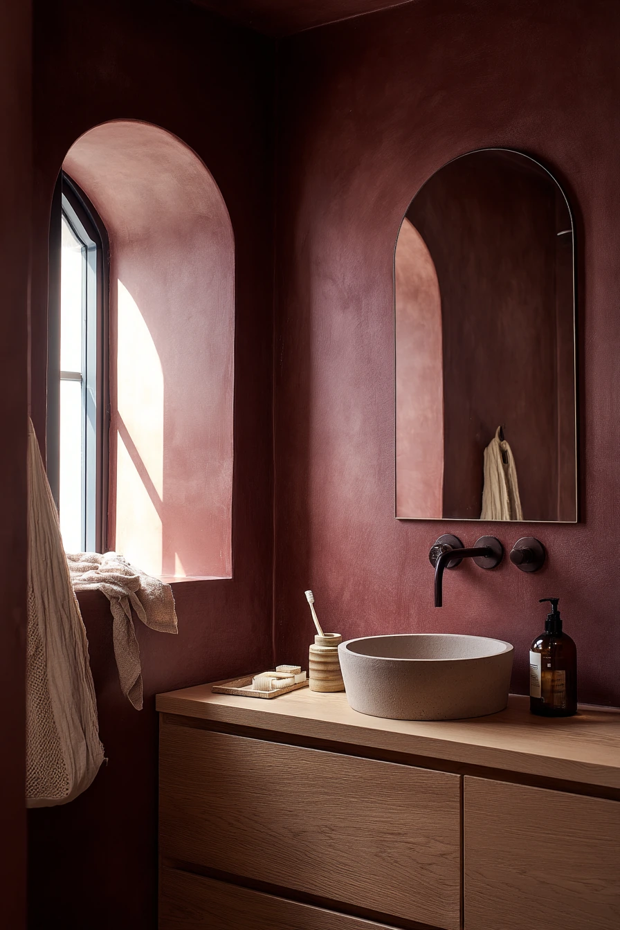 Modern Burgundy Guest Bath with Quiet Polish
