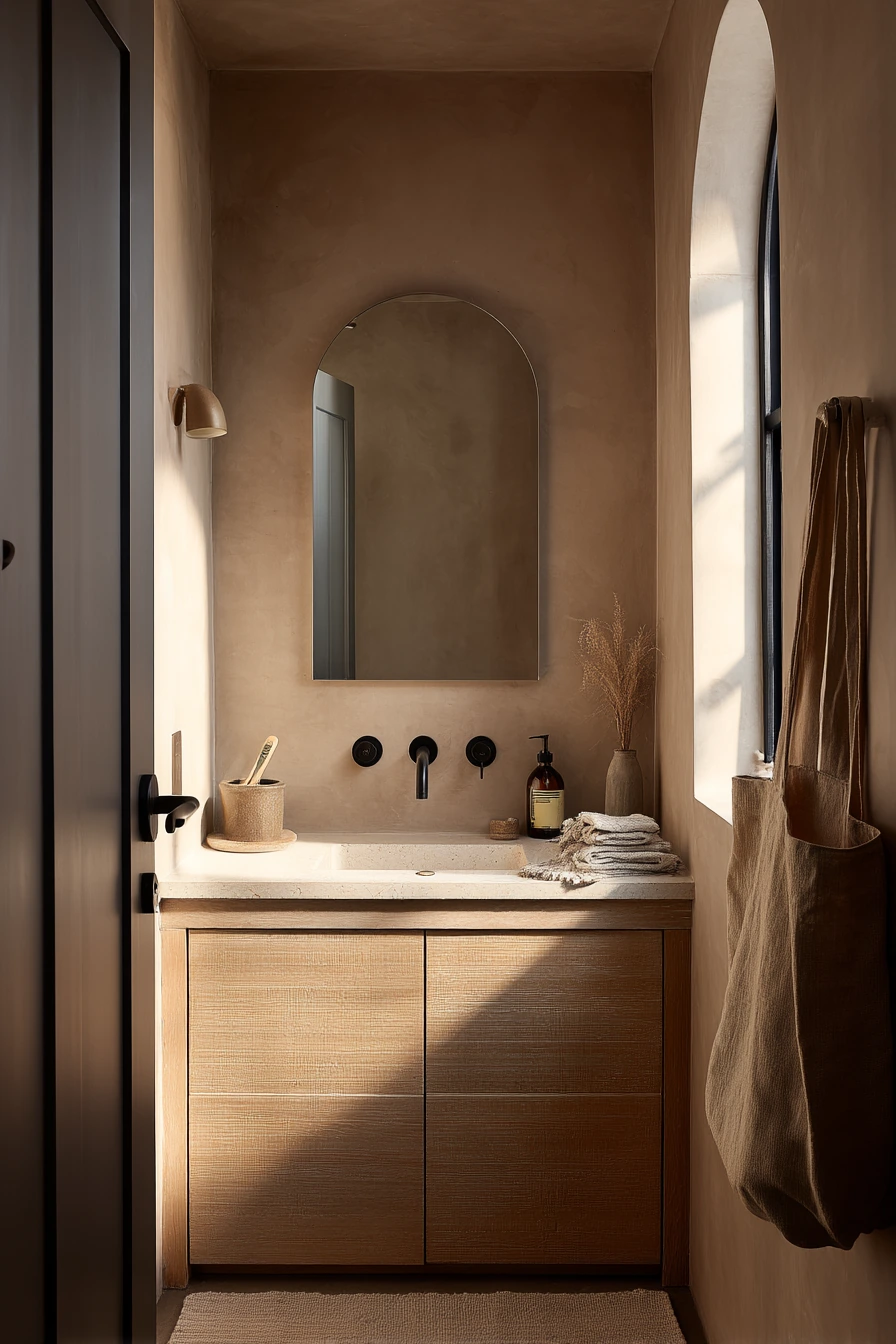 Modern Burgundy Guest Bath with Quiet Polish