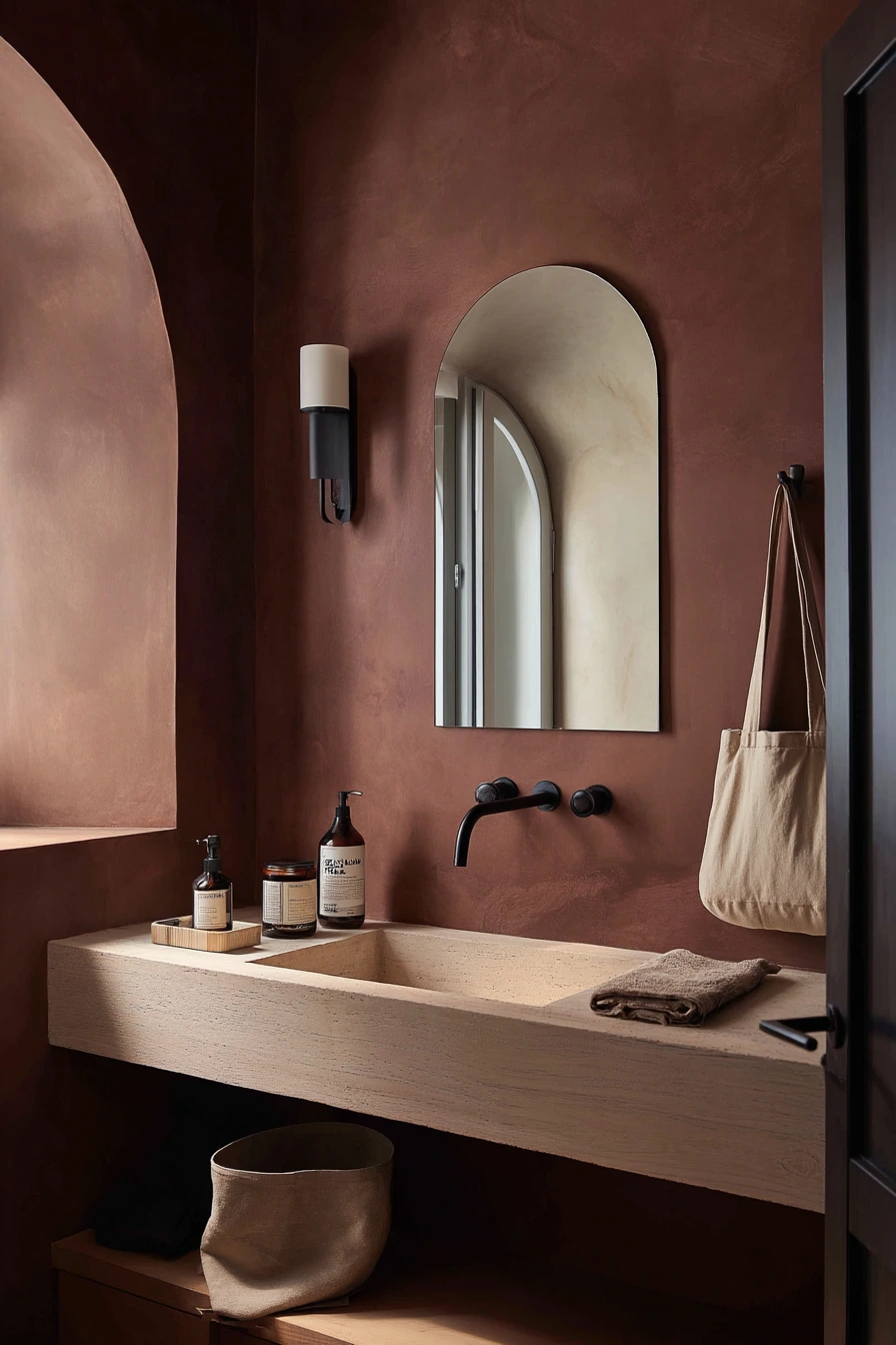 Modern Burgundy Guest Bath with Quiet Polish