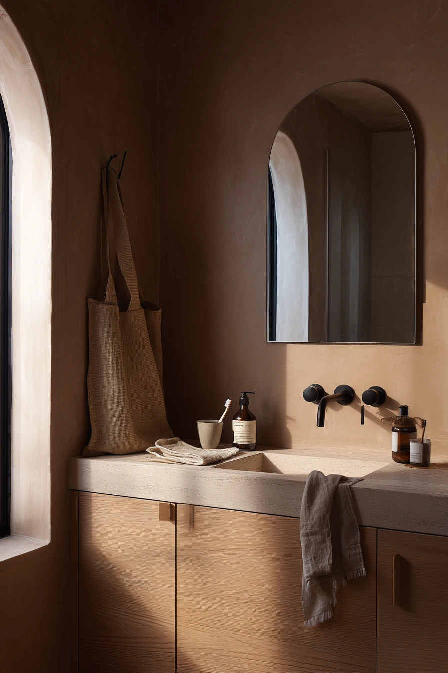 Modern Burgundy Guest Bath with Quiet Polish