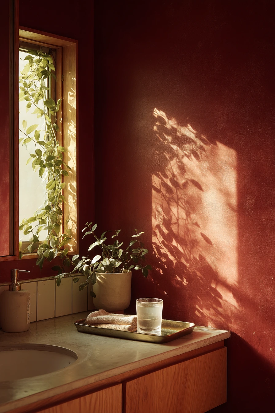 Burgundy Bathroom with Plant-Shadows and Natural Calm