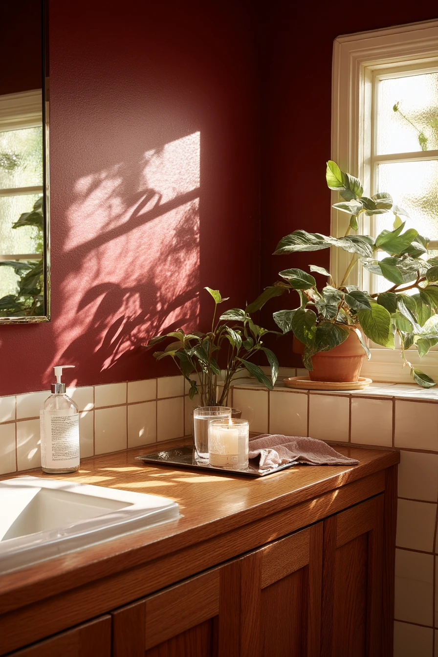 Burgundy Bathroom with Plant-Shadows and Natural Calm