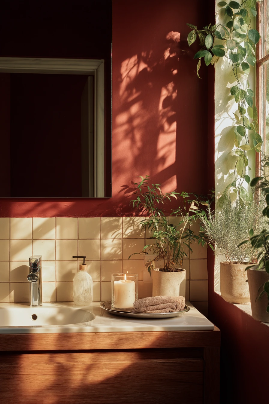 Burgundy Bathroom with Plant-Shadows and Natural Calm
