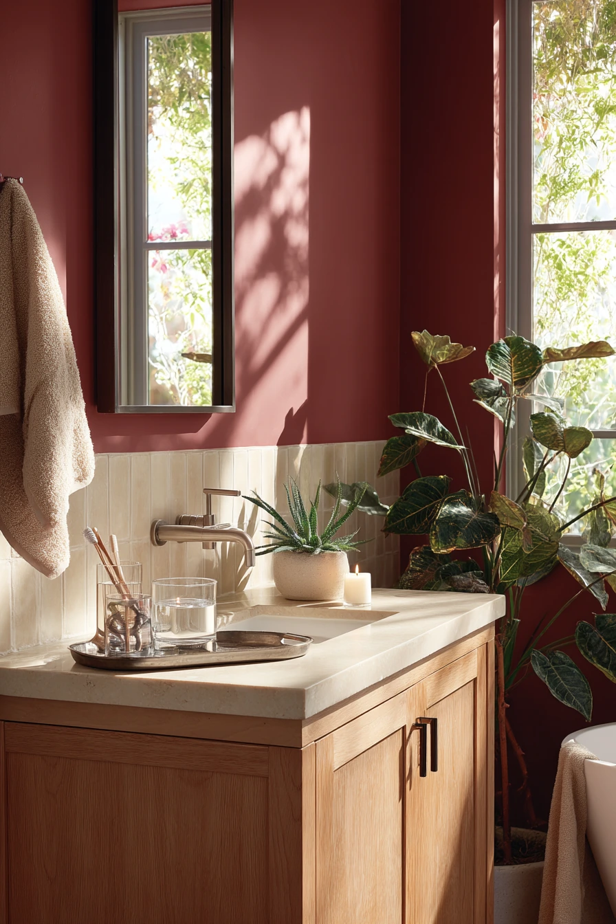 Burgundy Bathroom with Plant-Shadows and Natural Calm