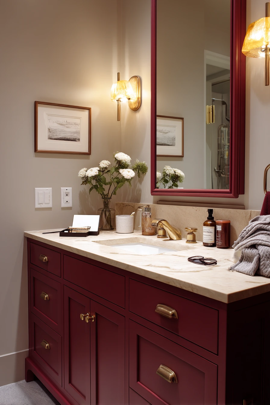 Burgundy Bathroom with Warm Evening Lamp Light