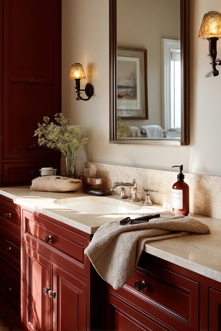 Burgundy Bathroom with Warm Evening Lamp Light