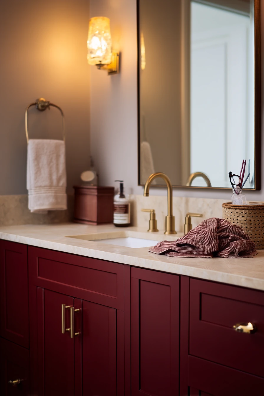 Burgundy Bathroom with Warm Evening Lamp Light