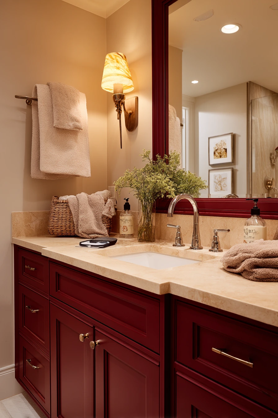 Burgundy Bathroom with Warm Evening Lamp Light