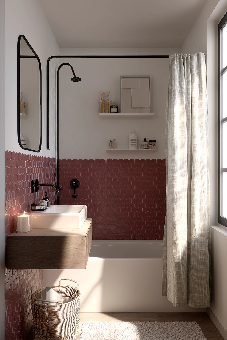 Small-Space Burgundy Bath for Apartment Living