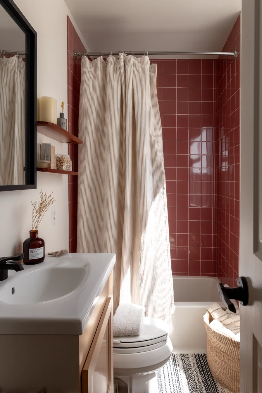 Small-Space Burgundy Bath for Apartment Living